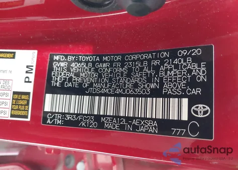 2021 Toyota Corolla Se from USA, damaged, VIN JTDS4MCE4MJ063503